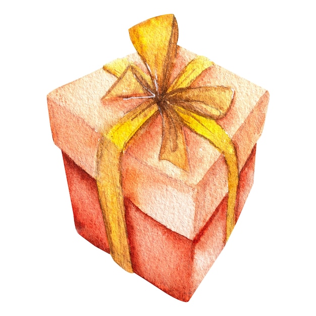 Watercolor illustration of a gift with a bow hand drawn gift box