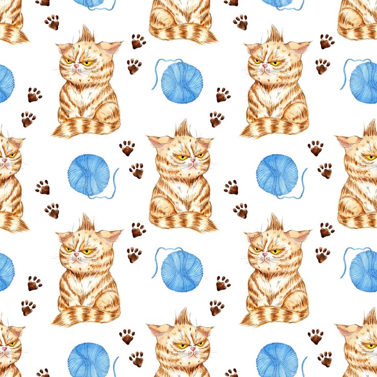 Photo watercolor illustration of a ginger kitten and a ball of yarn seamless repeat cat print