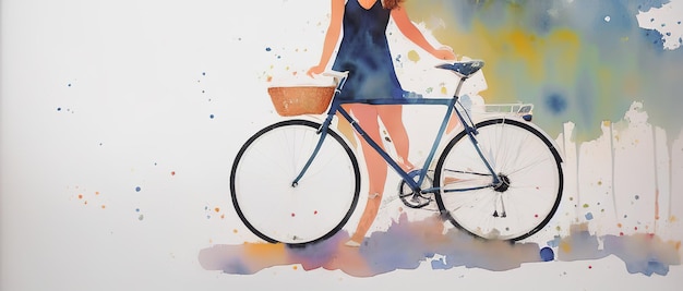 Watercolor illustration of a girl on a bicycle on the sea coast Generative AI