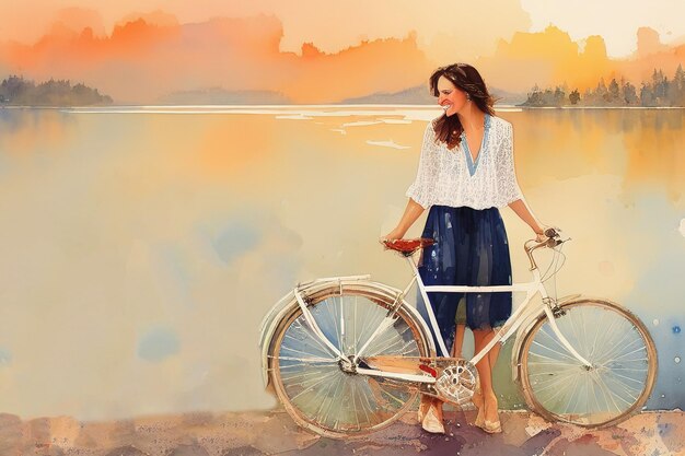 Watercolor illustration of a girl on a bicycle on the sea coast Generative AI