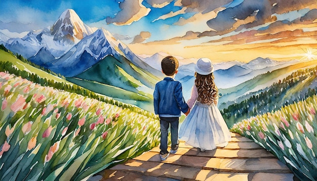 Акварельная иллюстрация девушки и мальчика красивый природный пейзаж Детский задний вид Ручно нарисованное искусство