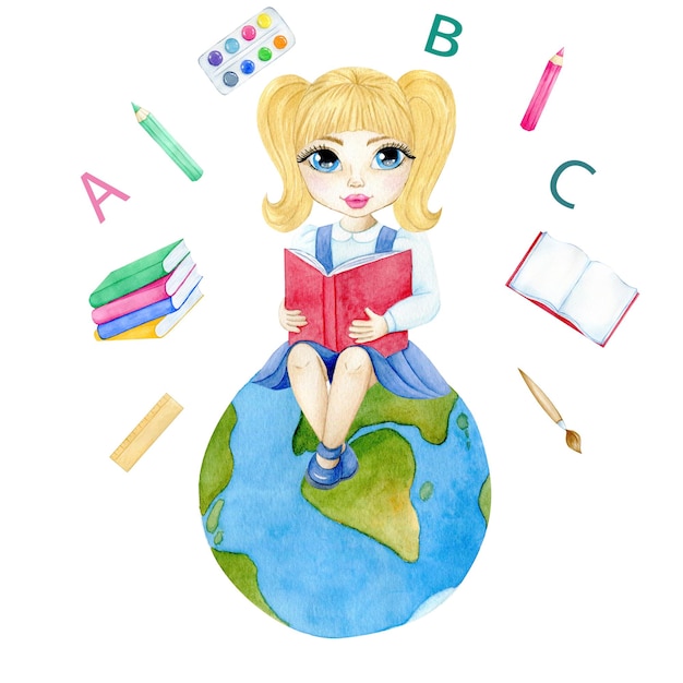 watercolor illustration of a girl on the planet