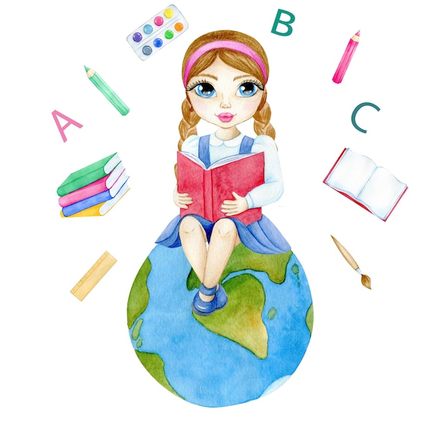 watercolor illustration of a girl on the planet