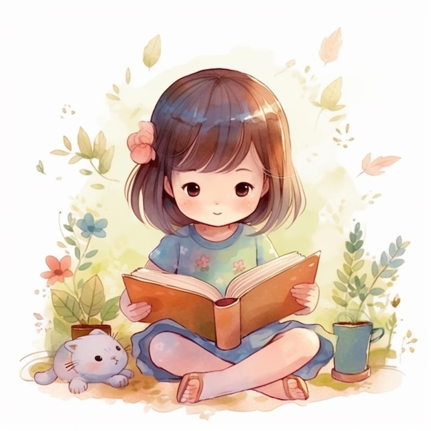 本を読んでいる女の子の水彩イラスト。