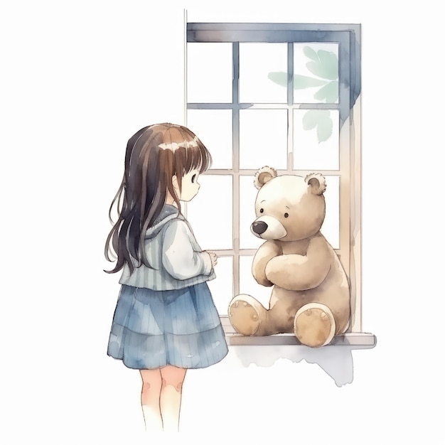 A watercolor illustration of a girl and a teddy bear