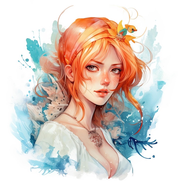 Watercolor illustration of Girl with orange hair