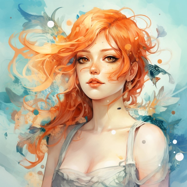 Watercolor illustration of Girl with orange hair