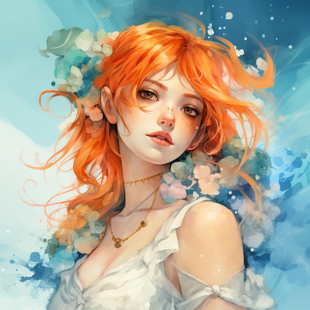 Watercolor illustration of Girl with orange hair