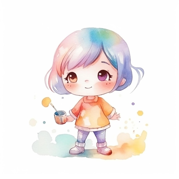 Watercolor illustration of a girl with a paint can