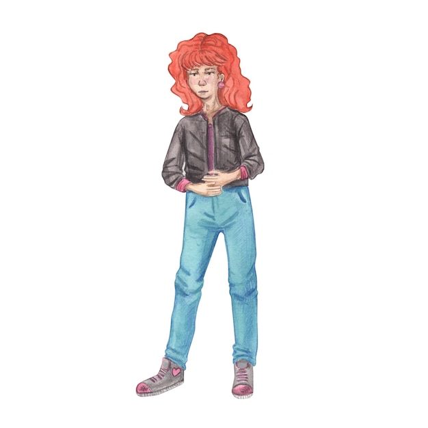 Watercolor illustration of a girl with red hair dressed in the style of the 80s A woman in casual