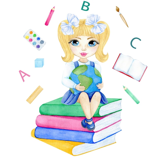 Watercolor illustration of a girlxA on books