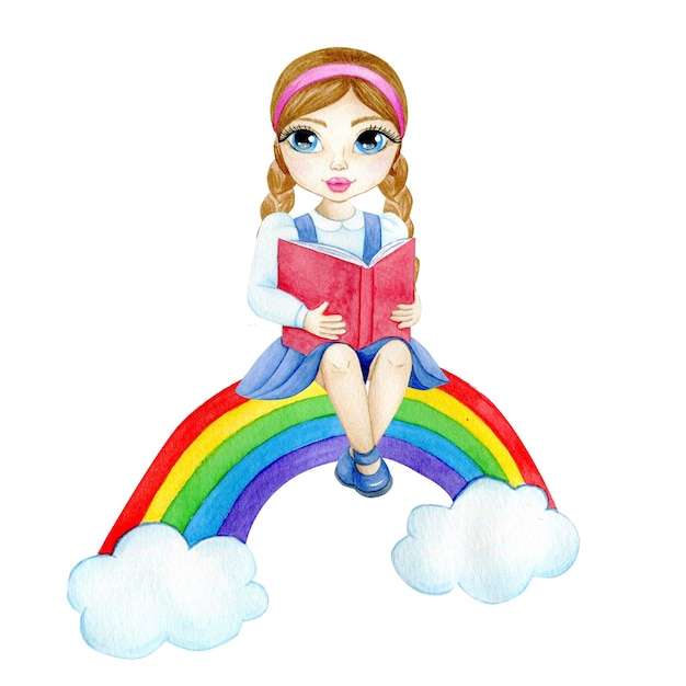 Watercolor illustration of a girlxA on the rainbow