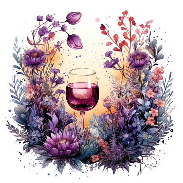 watercolor illustration glass red wine with abstract purple wild flowers isolated white background