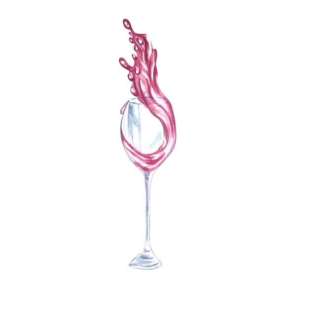 Watercolor illustration of a glass of wine on a white background. Raster.