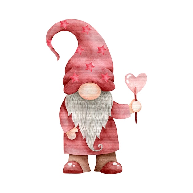 Watercolor illustration of gnome isolated on white background Valentines Day