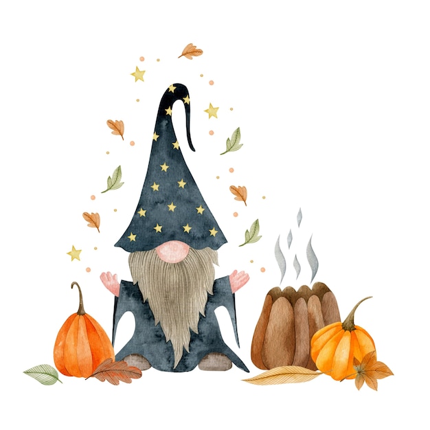 Watercolor illustration of gnome magician pumpkins autumn plants halloween holiday