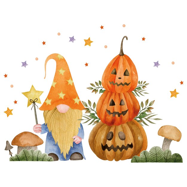 Watercolor illustration of gnome pumpkins and autumn plants halloween holiday hello october