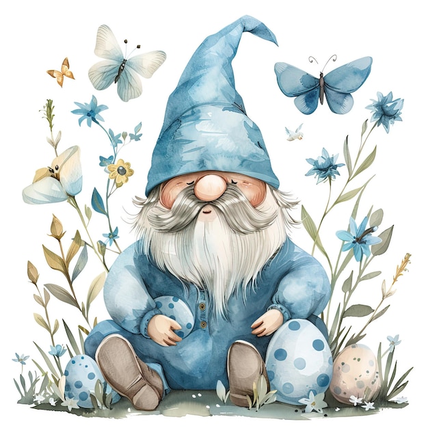 Watercolor illustration of a gnome sitting on the grass with blue flowers