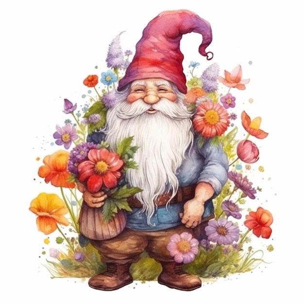 A watercolor illustration of a gnome with a big beard and a bunch of flowers.