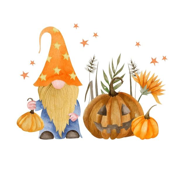 Watercolor illustration of a gnome with pumpkins autumn plants halloween holiday hello october