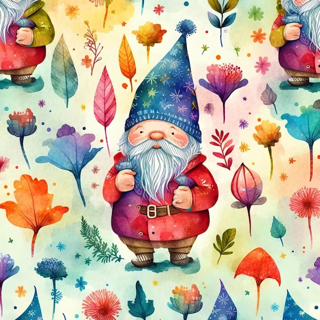 watercolor illustration of gnomes with flowers and mushrooms.