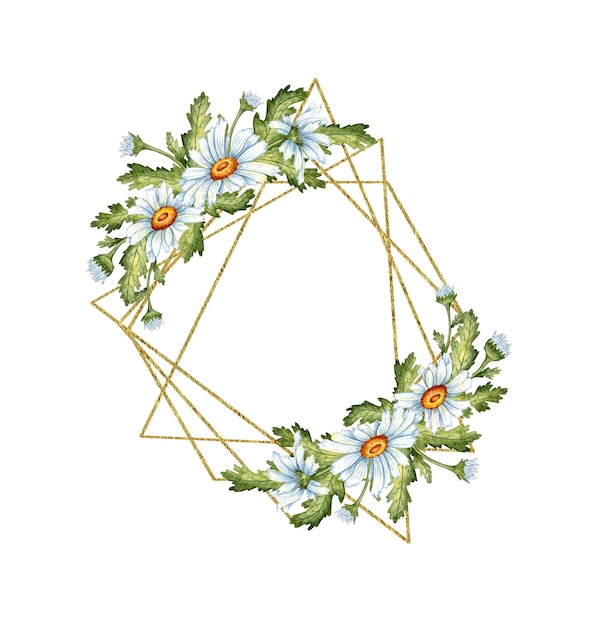 白い花束と緑の葉の金色の幾何学的な花束の水彩画 婚礼用の草原の花の孤立した構成 ポスター カード バナー フライヤー カバー プラカード