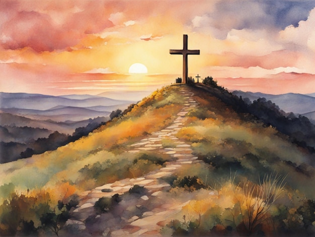 Watercolor illustration for good friday with a large cross on a hill at sunset