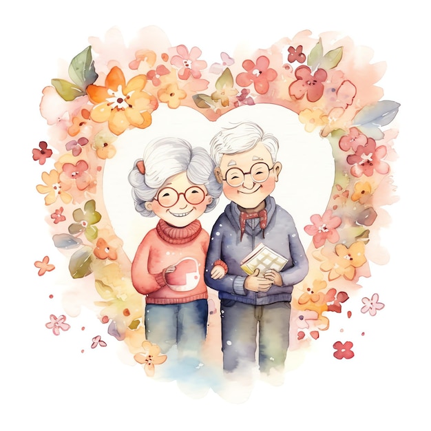花を持つ祖父母の水彩イラスト