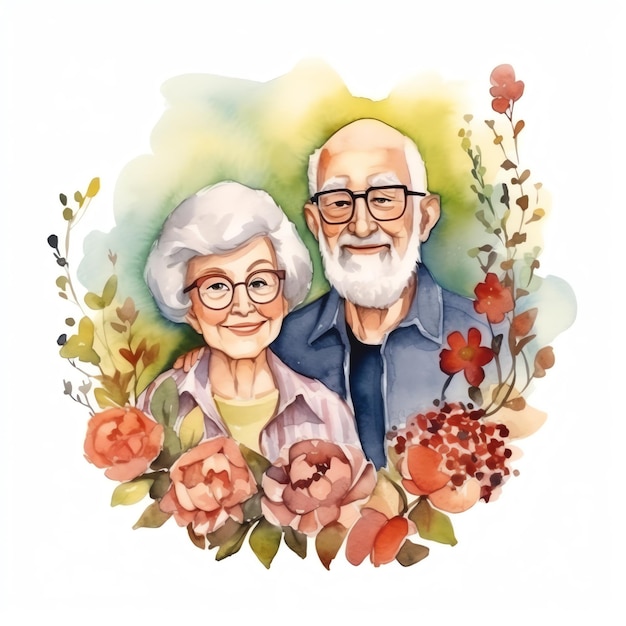 Watercolor illustration of grandparents with flowers