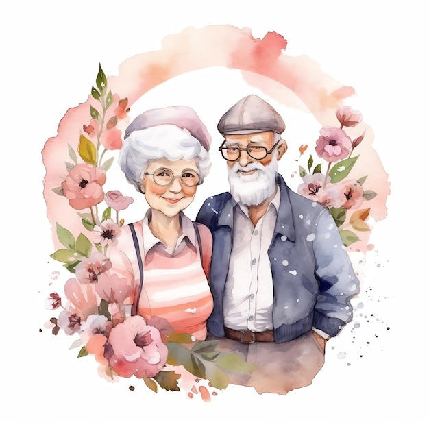 Watercolor illustration of grandparents with flowers