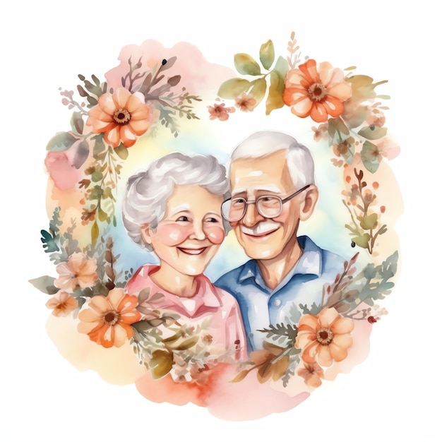 Watercolor illustration of grandparents with flowers