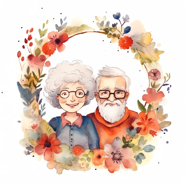 Watercolor illustration of grandparents with flowers