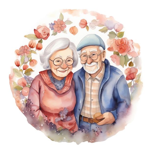 Watercolor illustration of grandparents with flowers