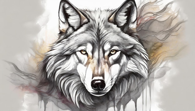 灰色のオオカミの水彩画 野生の森林動物の肖像画 手描き