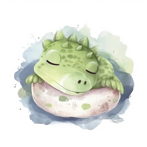 A watercolor illustration of a green frog sleeping on a pillow.