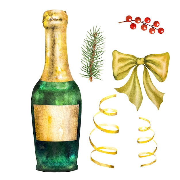 Photo watercolor illustration of a green glass bottle of champagnehand drawn champagne bottle