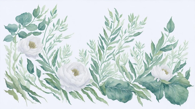 Watercolor illustration of green gold leaves white flowers roses peonies and branches