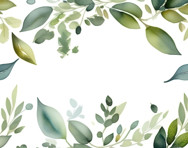 Акварельная иллюстрация зеленого листа и ветки с листьями.