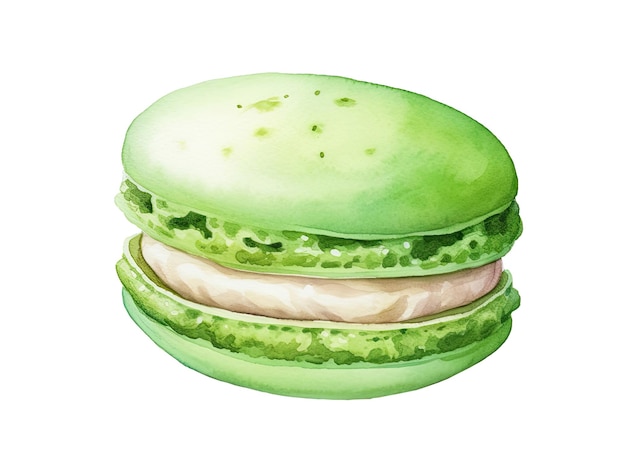 Watercolor illustration of green macaroon isolated on white background