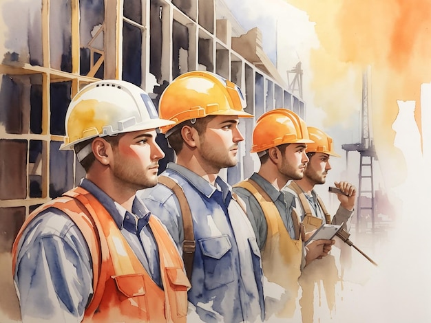 Watercolor illustration of a group of builders