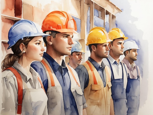 Watercolor illustration of a group of builders