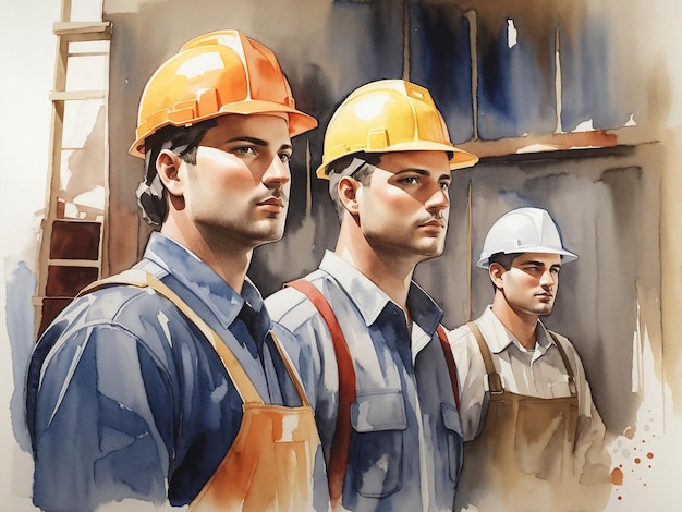Watercolor illustration of a group of builders
