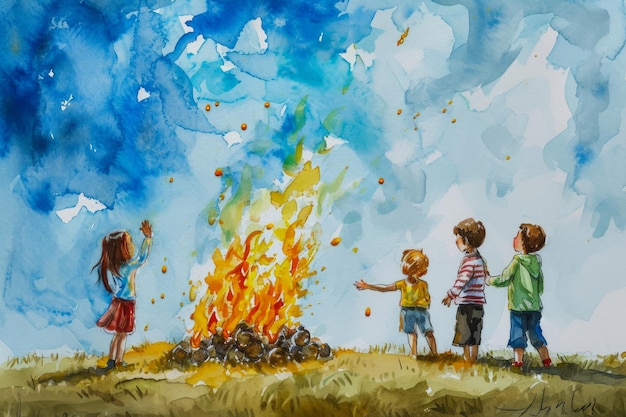 акварельная иллюстрация группы детей, зажигающих костер на Пасху