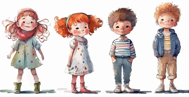 Watercolor Illustration of a group of preschooler children funny little kids happy boys and girls