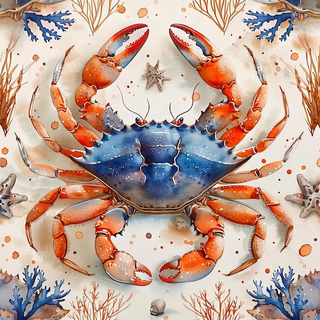 Photo watercolor illustration hand painted in nautical style of sea blue crabs and corals