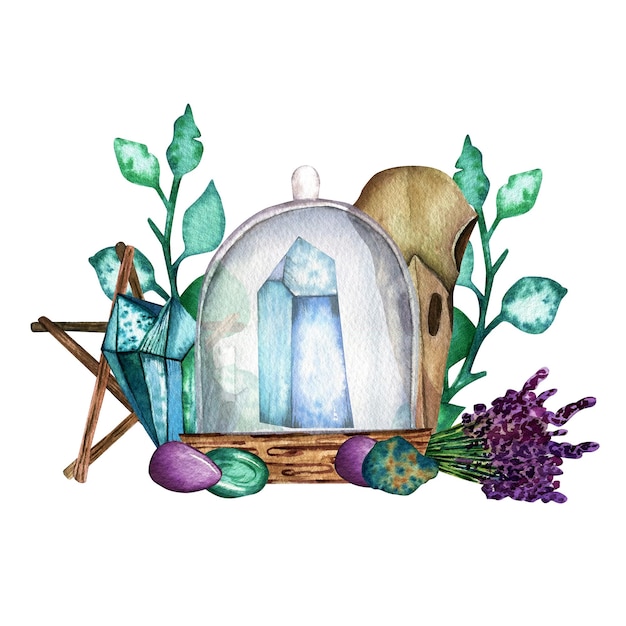 Watercolor illustration handdrawn glass dome with crystal pentagram lavender bouquet crow skull