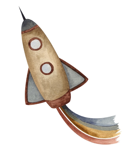 Watercolor illustration Handpainted rocket with brown red blue colors space theme the universe