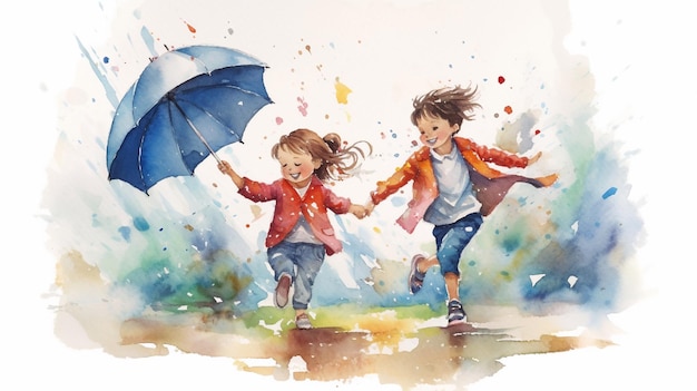 Watercolor illustration of happy childrens walking in the rain