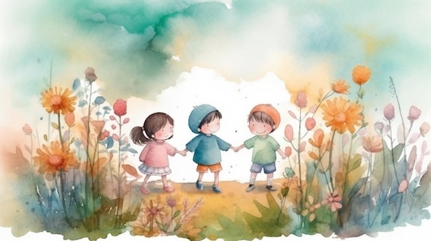 Watercolor illustration of happy childrens walking in the rain