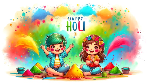 Photo watercolor illustration of happy childs celebrating holi